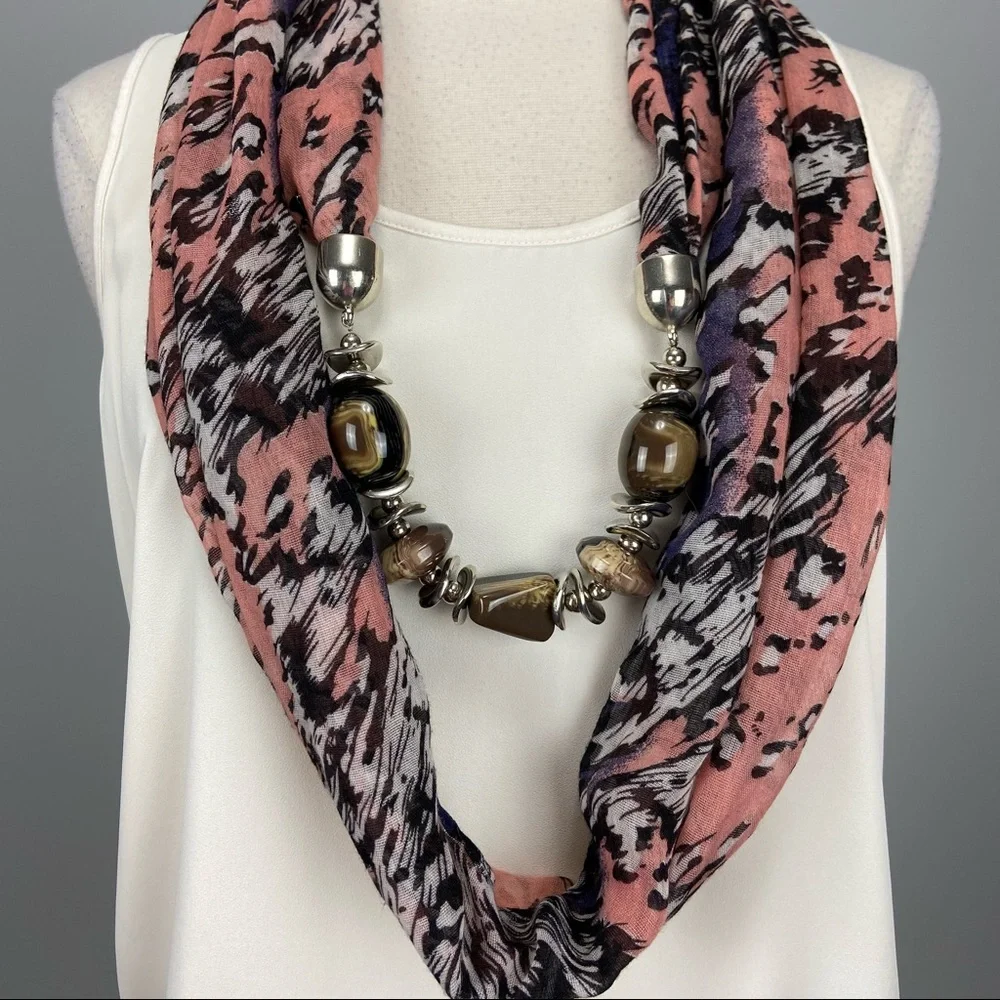 Infinity Scarf Pink Black Leopard Print Chiffon with Beads